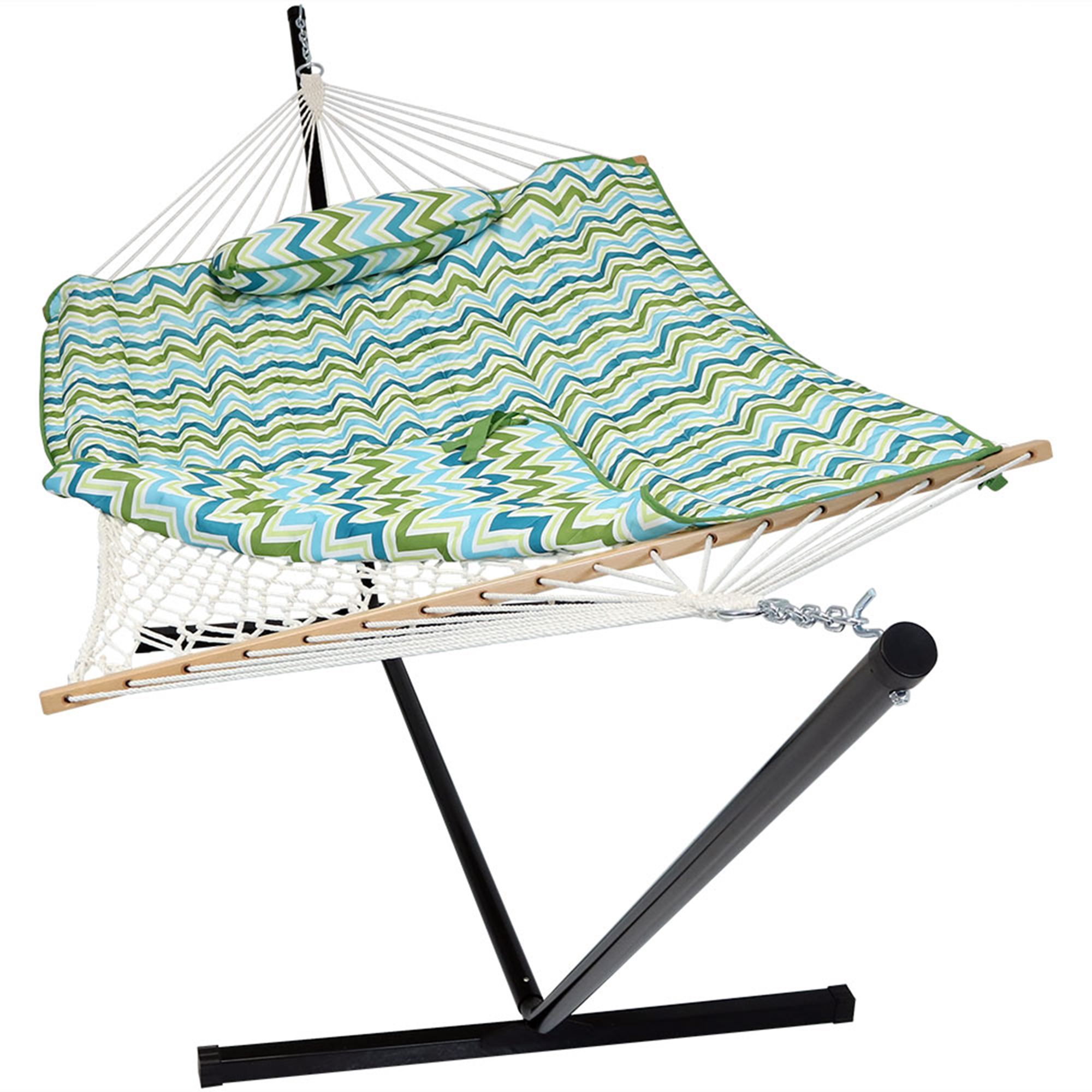 Sunnydaze Decor, Rope Hammock with Stand, Pad and Pillow - Chevron, Color Green, Capacity 275 lb, Material Woven Cord, Model# HH-BGCRH-Combo
